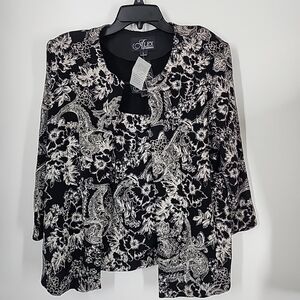 NEW Siz Large Alex Evening 3/4 Sleeve Printed Twinset Top Cardigan Black Glitter